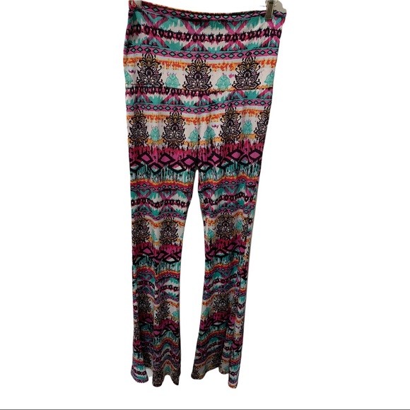 LUCY LOVE ROLL DOWN SUPER FLARE SOFT STRETCHY COLORFUL PAISLEY PANTS SIZE LARGE - Picture 13 of 15